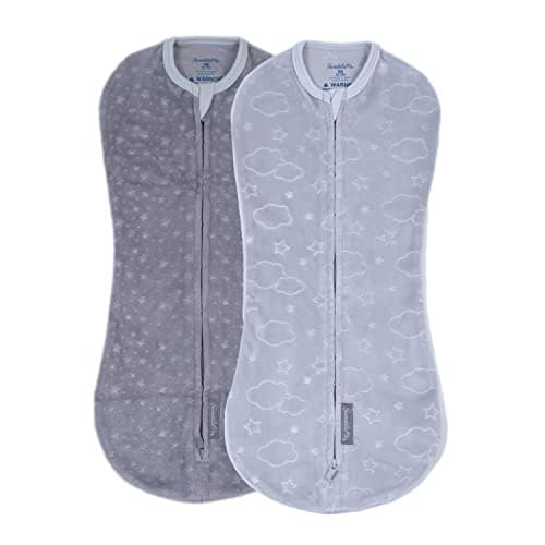 SwaddleMe by Ingenuity Compression Baby Swaddle Pod in Velboa TwoWay Zipper for Easy Diaper Changes Improves Sleep Calms Startle Reflex 02 Months 10 TOG 2Pack Clouds Stars