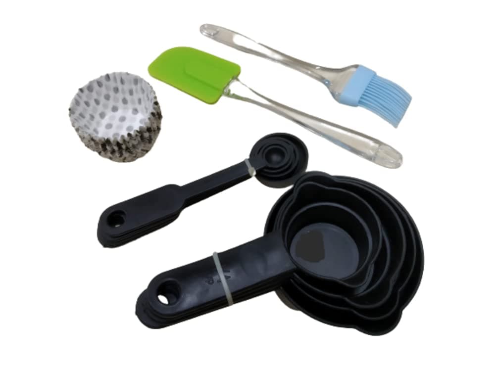 Bakers Pradise ALHUTAIB Combo Set of Silicone Spatula Acrylic Handle Pastry Brush with Measuring Cup Spoon and Mini Muffin Paper Cup Cake 100 Pcs