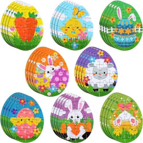 Blueweenly 32 Pcs Mini Easter Puzzles for Kids Colorful Easter Eggs Stuffers Fillers Bunny Basket Carrot Sheep Chick Jigsaw Puzzle Toys for Theme Party Favors School Classroom Activities Prize Rewards