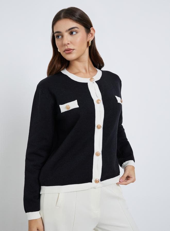 Styli Black Regular Fit Cardigan with Contrast Trim