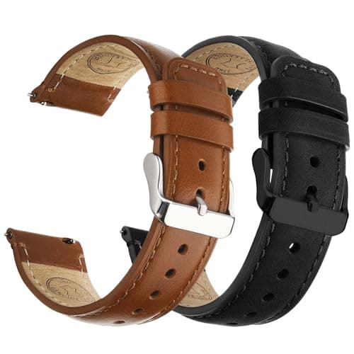 Fullmosa 18mm 20mm 22mm 24mm Leather Watch Bands 2 Pack Soft Quick Release Watch Strap Compatible with Garmin Vivoactive 5643 Venu 43S2S Samsung Galaxy Fossil Amazfit for Men Women20mm Toffee BrownSilverBlackBlack