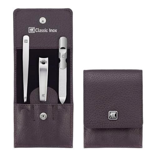 ZWILLING Manicure Set 3 Pieces Nail Care and Pedicure Real Leather Case with Nail Clipper Polished Stainless Steel Red