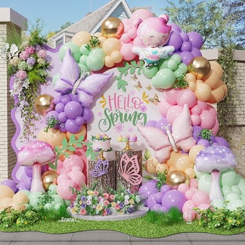 Enanal Spring Balloon Arch Kit 155pcs Pastel Rainbow Balloon Garland with FairyButterflyMushroom Foil Balloon for Fairy Party Decorations Easter Wildflower Baby Shower Supplies