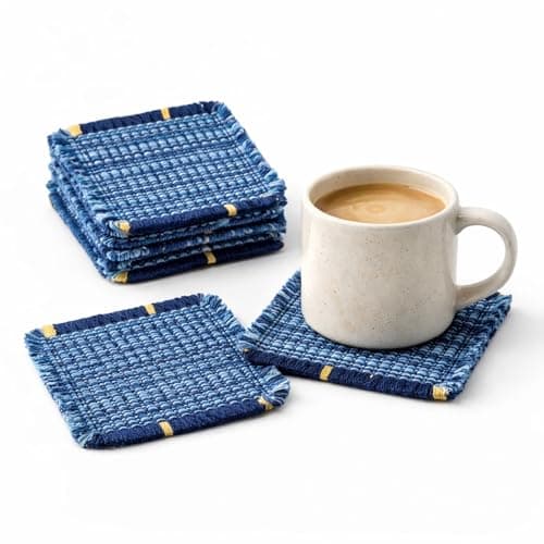 4.0'' Boho Fabric Coasters for Home Decor Set of 6, Handcrafted Cotton Drink Coasters, Coastal Farmhouse Table Decor for Coffee, Tea & Cocktails, Housewarming Gift