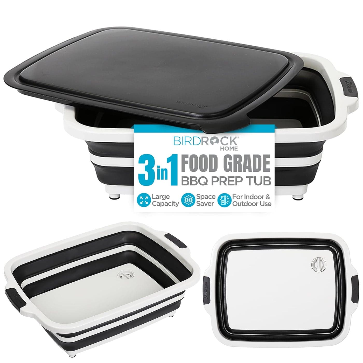 BIRDROCK HOME Collapsible Large BBQ Prep Tub wCutting Board MultiFunction Grill Caddy wColander Lid Portable Silicone Dish Bowl for Picnic Tailgate Camping Black