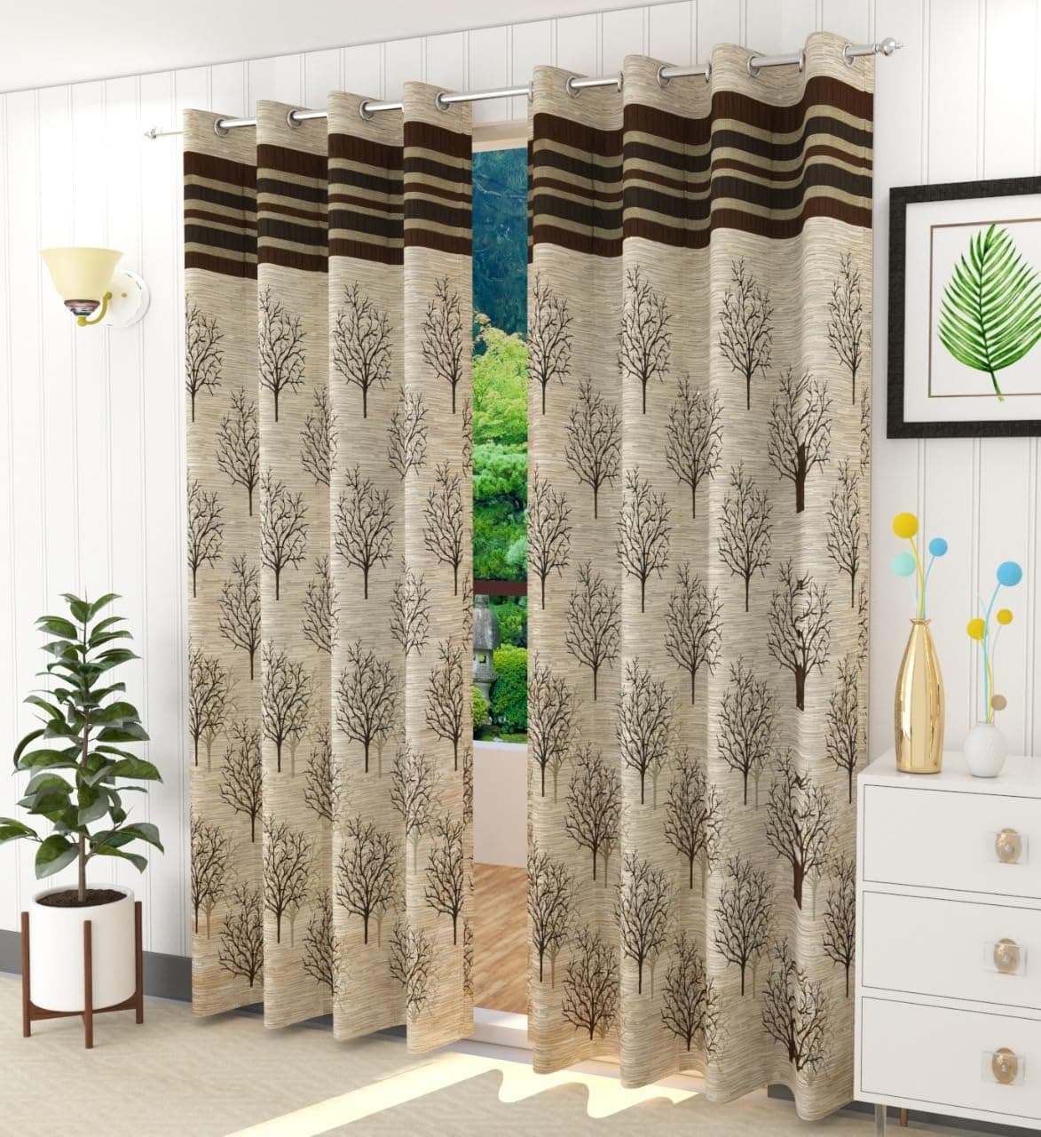 HOME UTSAV 2 Piece Jute Floral Blackout Heavy Jacquard Tree Curtains for Door 7 Feet Coffee
