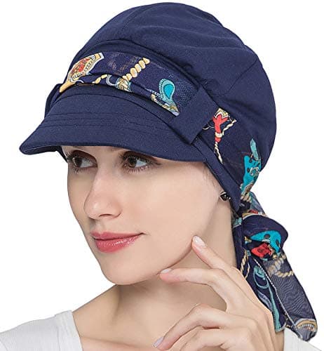 JarseHera Chemo Hats for Women Bamboo Cotton Lined Newsboy Caps with Scarf Double Loop Headwear for Cancer Hair Loss Navy Blue