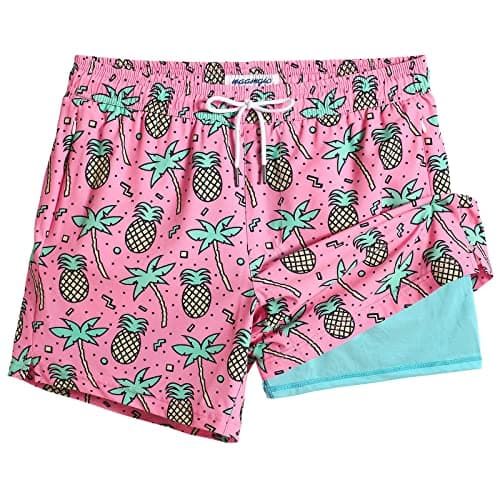 maamgic Mens Swim Trunks with Compression Liner 5" Stretch Beach Shorts Quick Dry with Zipper Pockets No-Chafing Board Shorts Pink-Palm Pineapple L