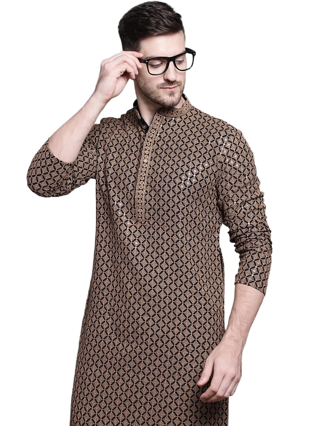 Jompers Mens Sequin Embroidered Pure Cotton Kurtas (Brown, S)