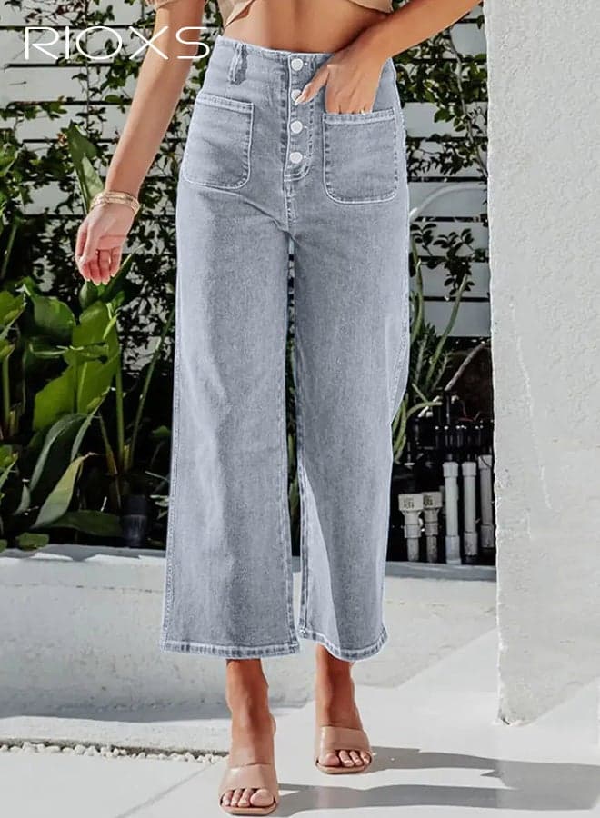 Women's Wide Leg Jeans, High Waisted Stretchy Straight Leg Jeans, Buttoned Loose Denim Pants for Ladies, Cropped Pants with Pockets, Trendy Capri Jeans for Shopping Work and Daily Wearing, Light Blue Cropped Jeans