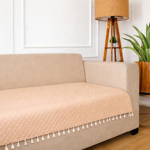 STITCHNEST 3 Seater Quilted Velvet Sofa Cover with Tassels | Elegant Beige Sofa Protector for Living Room | Soft, Washable | Perfect for Enhancing Living Room Interiors | Pack of 5