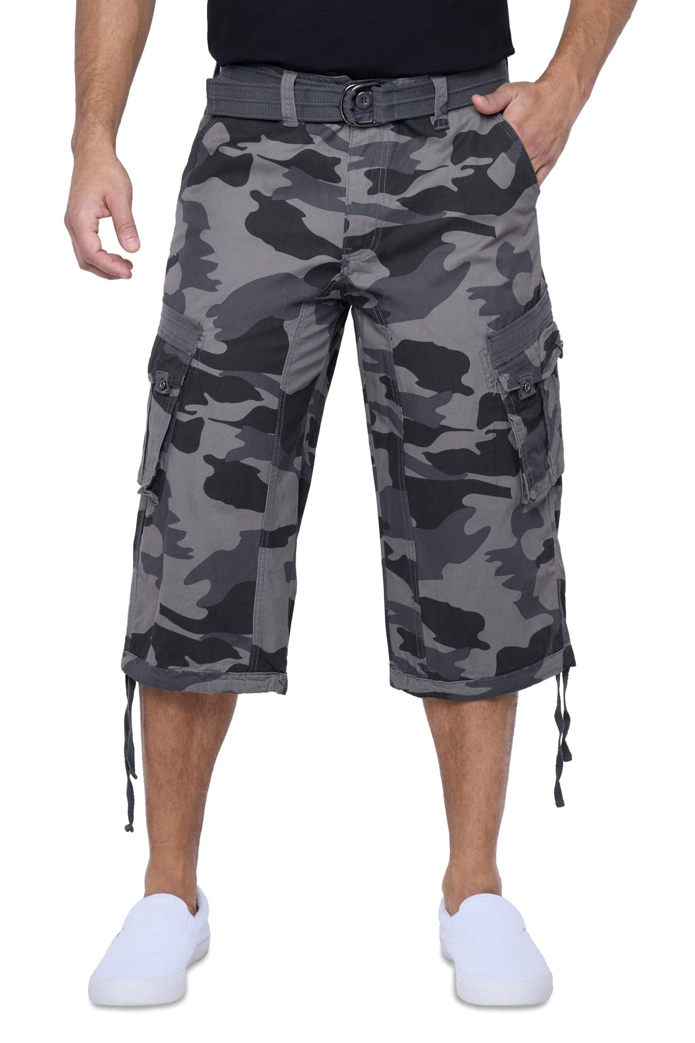 X RAY Men's Belted Long Cargo Shorts for Men, Below Knee Length Mens Cargo Shorts, 3/4 Pants (Big and Tall Shorts for Men) Black CAMO 30