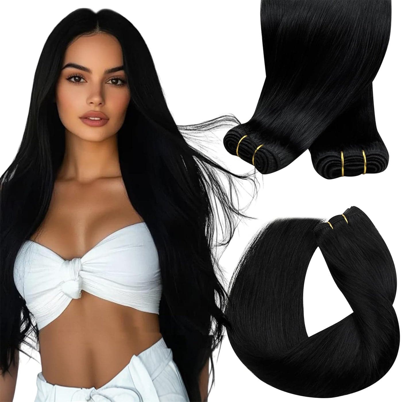 Sunny Hair Weft Hair Extensions Human Hair Black Sew in Hair Extensions Real Human Hair Jet Black Sew in Extensions Real Human Hair Weft for Women Long Straight Hair 20inch 100g
