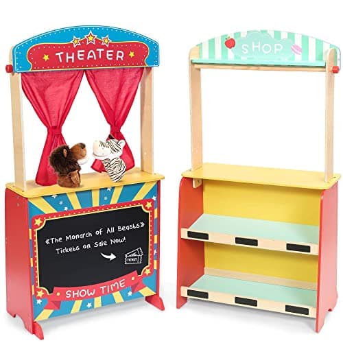 Rundad Wooden Puppet Theater Bonus 2 Hand Puppet DoubleSided Lemonade Stand Puppet Show Theater for Kids Wood Deluxe Children Puppet Theatre Toy with Chalkboard