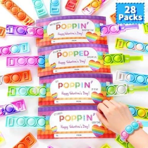 28 Packs Valentines Day Gift Cards with Pop Fidget Bracelets Toy for Kids Stress Relief Pop Bubble Sensory Toys for School Classroom Valentines Exchange Greeting Cards Boys Girls Party Favors