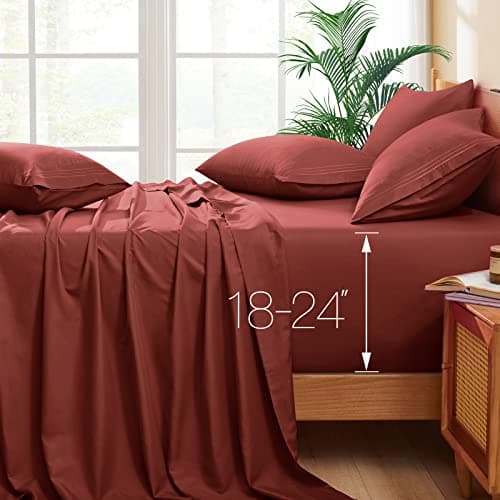Horbaunal Extra Deep Pocket King Sheets Fits Mattress 1824 Inches Deep 6 Pieces Hotel Luxury 1800 Thread Count Microfiber Sheet Set Ultra Soft Rust King Size Bed Sheets