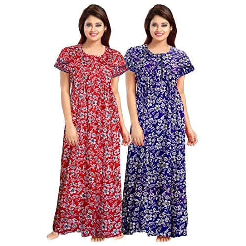 NEGLIGEE Women's Cotton Printed Maxi Nightgown Nighty for Women Ankle Length Night Dress - Pack of 2 (Free Size, Red & Blue)