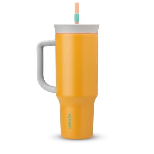 Owala Stainless Steel Triple Layer Insulated Travel Tumbler with Spill Resistant Lid, Straw, and Carry Handle, BPA Free, 40 oz, Orange (Tropical)
