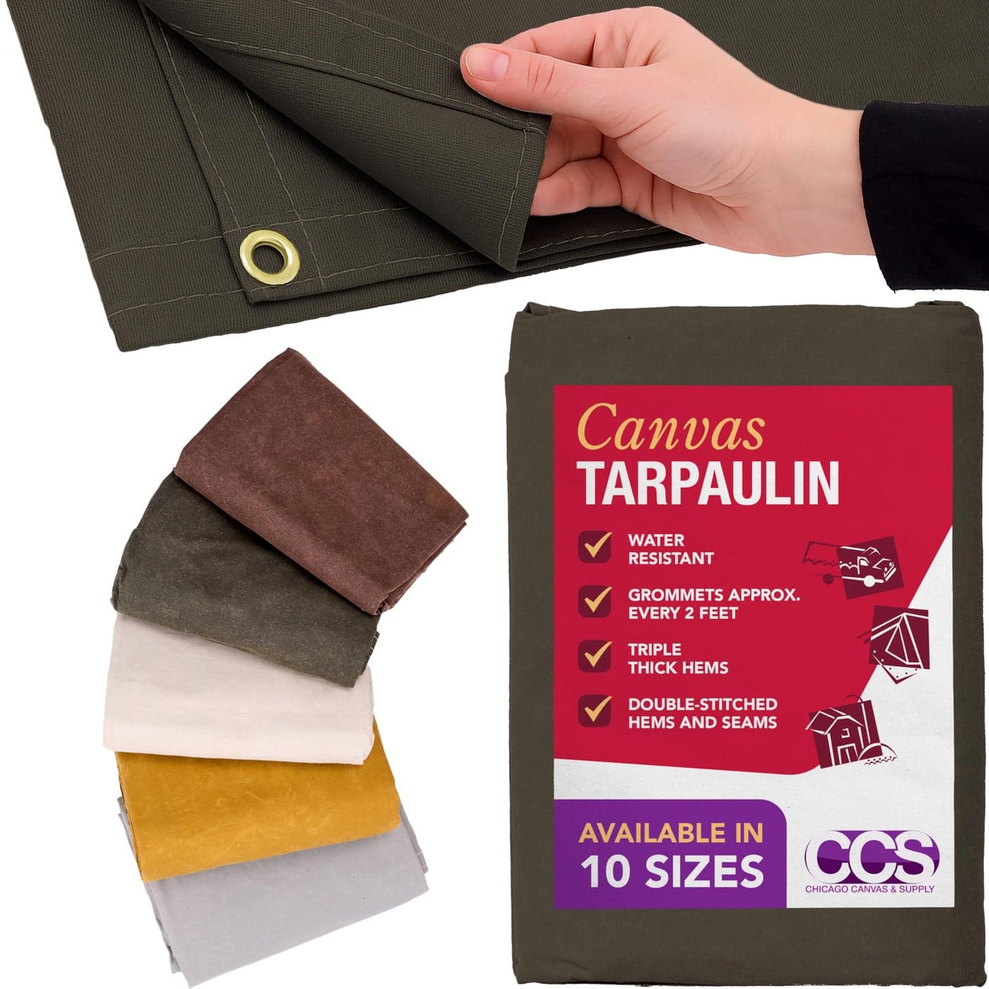 CCS Waterproof Canvas Tarp Cover Heavy Duty Duck Cloth Waxed Canvas Tarpaulin with Rustproof Brass Grommets for Camping Construction Equipment Outdoor Use Olive Drab 12x14 Ft