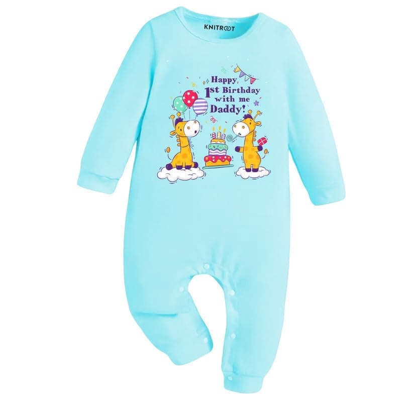 KNITROOT Dad Birthday Theme, Happy 1st Birthday With Me Daddy Text Printed, Full Sleeves, Shoulder-Snap-Buttons, Cotton Jumpsuit, Rompers for New Born Baby, 6-12 Months, Blue, Infant Clothes
