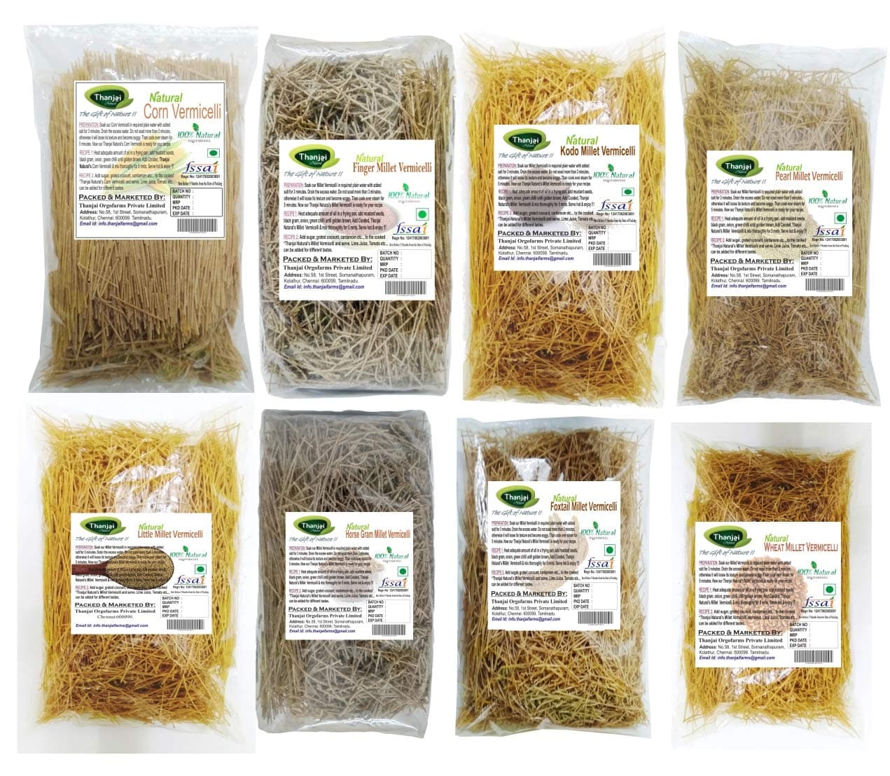 Thanjai Natural Vermicelli 1600 Grams Semiya 8 Varieties (Corn, Foxtail, Little Millet, Pearl, Kodo, Wheat, Horsegram & Finger Millet) 100% Natural