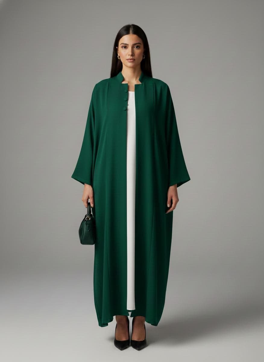 Signature Korean Nida Forest Green Open Abaya Minimalist High-Neck Design