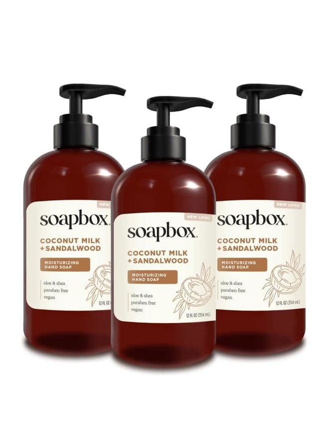 Liquid Hand Soap, Coconut Milk & Sandalwood, Gentle & Moisturizing Hand Wash for Kitchen and Bathroom, Vegan & Cruelty Free Scented Hand Soap 12 Ounce Pump Bottles (Pack of 3)