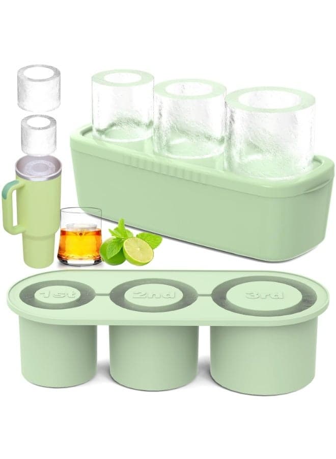 Professional Tumbler Ice Cube Tray Set - 3-Piece Silicone Cylinder Ice Mold with Airtight Lid for 20/30/40oz Tumblers, Whiskey & Cocktails (Light green)