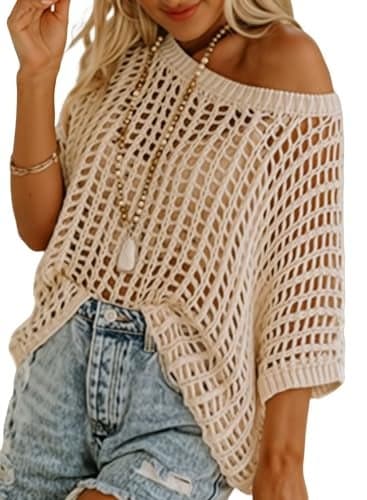 Dokotoo Womens Summer Crochet Hollow Out Sweaters Top Spring Crew Neck Short Sleeve Pullover Shirt Lightweight Knit Sweater Blouse Vacation Outfits for Women Apricot XXX-Large