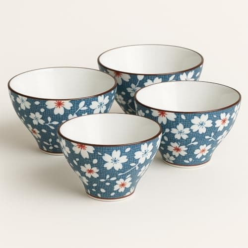 YELONA Japanese Style Ceramic Bowls – 4.8 Inch (300ml), Set of 4 – Floral Design Rice/Noodle Bowls – Microwave & Dishwasher Safe, Ideal for Gifting Choice