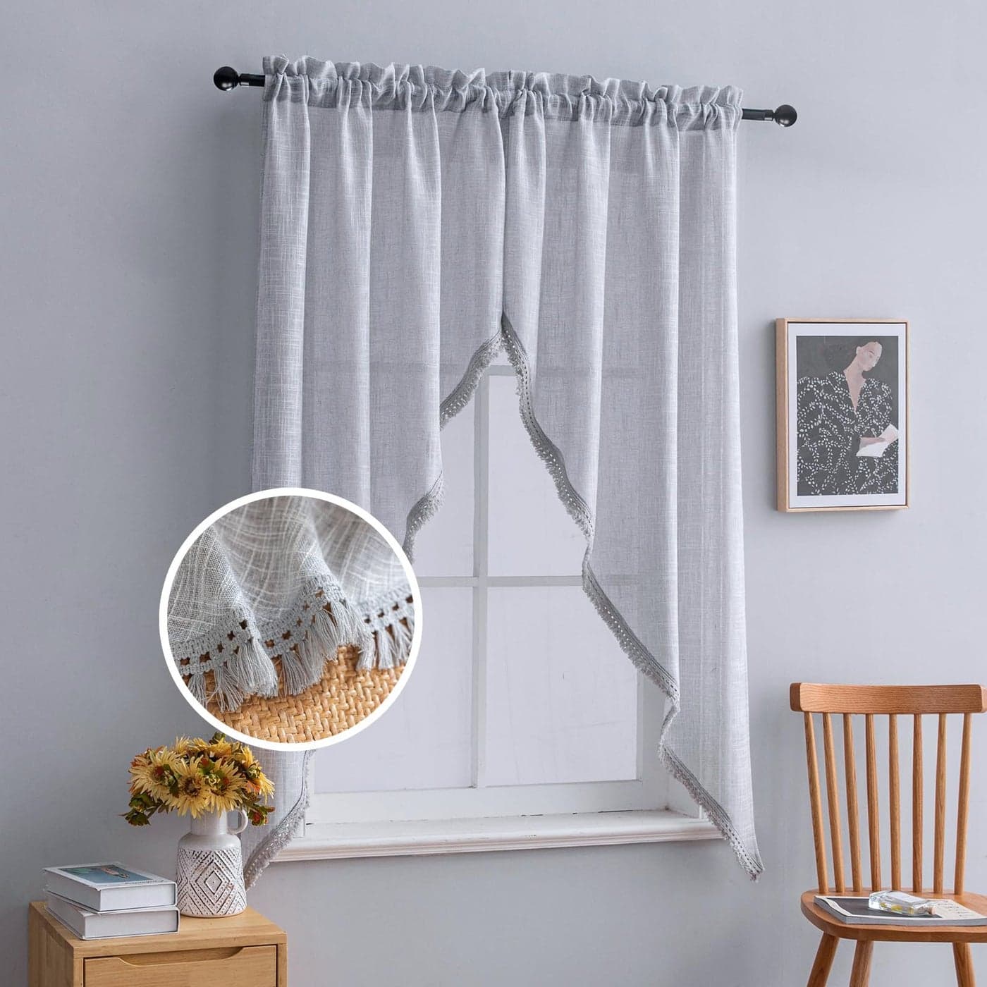 Beda Home Tassel LinenTexturedSwag Curtain Valance for Farmhouses Kitchen Light Filtering Rustic Short Swag Topper for Small Windows Bedroom Privacy Added Rod Pocket Design Lt Grey 36x632PCs
