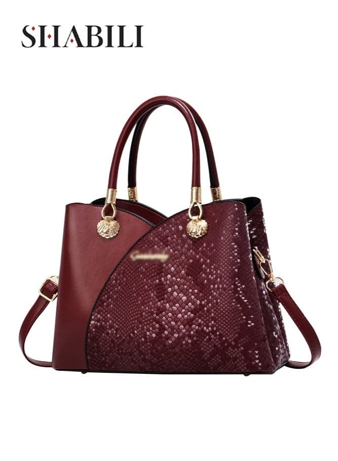 Women's PU Handbag, Ladies Bag Shoulder Bag Crossbody Bag Satchel Bag Messenger Bag for Work Commuting Shopping Dating, Glossy Texture Large Capacity Tote Handbag with Metal Hardware (Burgundy)