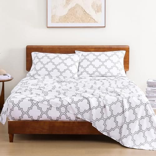LANE LINEN 100% Organic Cotton Bedsheet Set for Double Bed - Oeko-TEX Certified, Soft & Breathable Fabric, Machine Washable, Includes 1 Flat Sheet with 2 Pillow Covers - Trellis Silver
