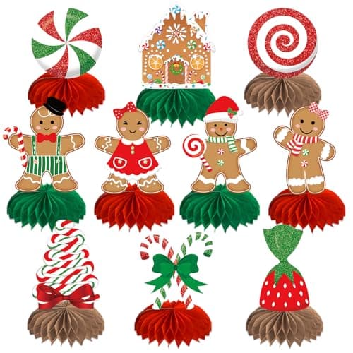 Gingerbread Christmas Party Table Decorations Centerpieces10pcs Paper Gingerbread Man House Lollipops Candy Canes Honeycombs for Xmas Winter Holiday Birthday Party Decor Supplies
