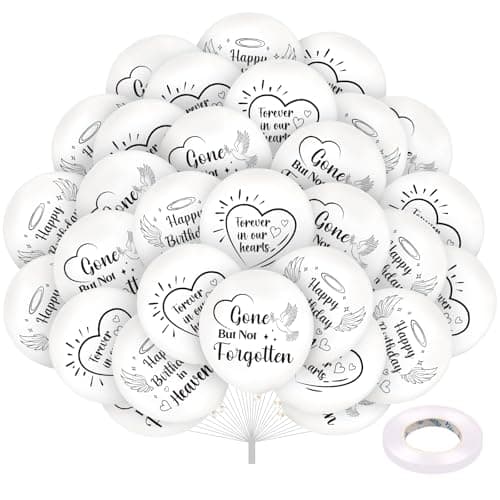 30pcs Happy Birthday in Heaven Balloons DecorationsWhite Funeral Balloon Memorial Remembrance to Release in Sky for Heaven Condolence Death In Memory of Life Funeral Supplies Favors Decor