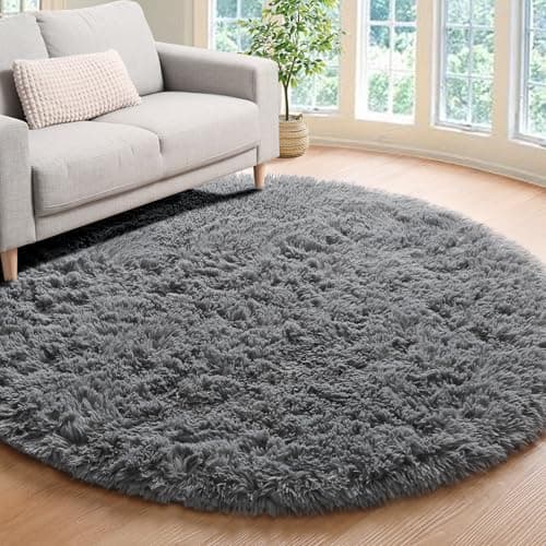 ONASAR Grey Round Area Rug 4ft, Gray Soft Bedroom Circle Throw Rugs for Kids Girls Boys Teen Dorm Room, Fluffy Plush Shaggy Carpet Mats for Nursery Living Room Playroom Home Office Decor Aesthetic
