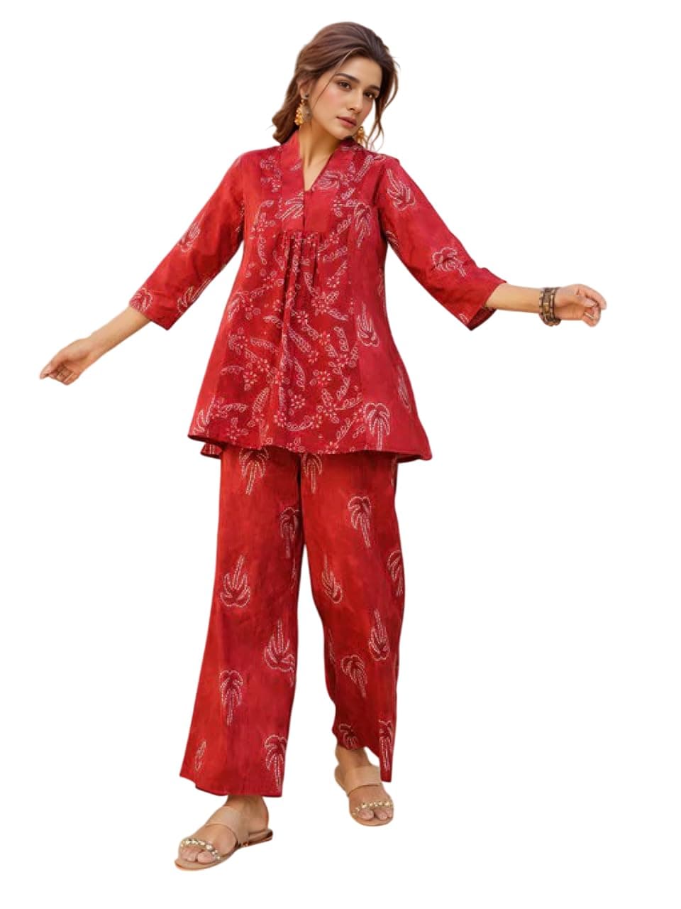NAINVISH Women's Floral Straight Rayon Blend V-Neck Co-ord Set (SD871_KB-XL_Red)