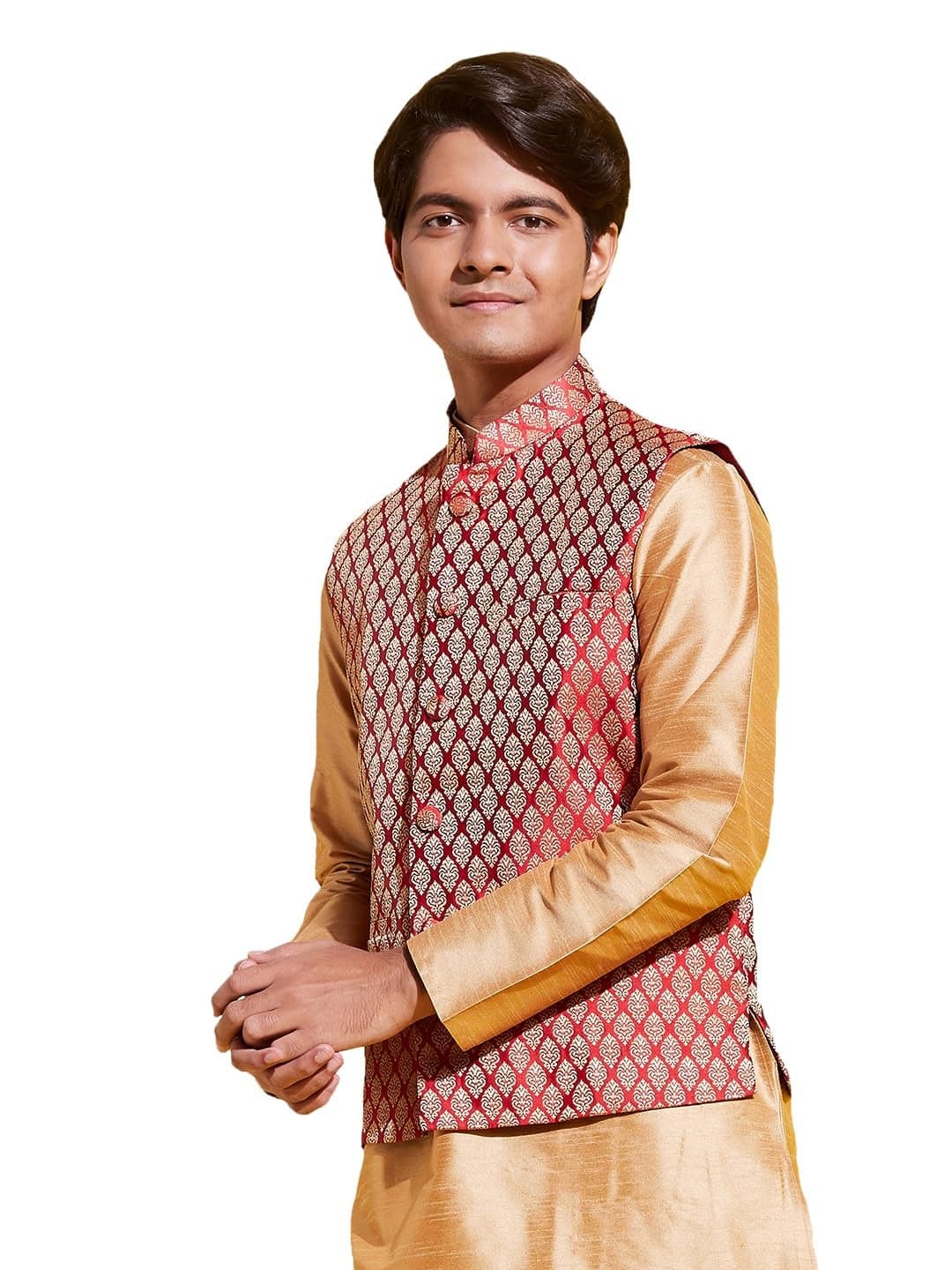 VASTRAMAY JBN Creation Boys' Maroon and Gold Silk Blend Nehru Jacket_VYUVBJMA005_36L