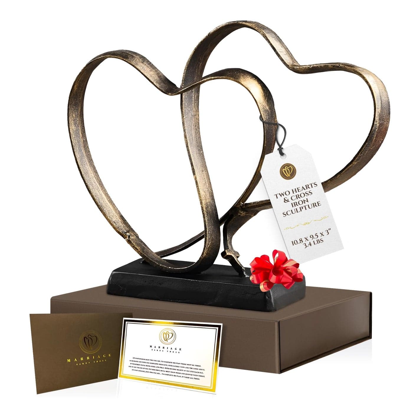 DCAPILLA Wedding Anniversary Couples Gift Two Hearts and Cross Iron Sculpture Heart Decoration Gift for Her and Him 1st to 50th or 60th Anniversary Includes Present Box and Poem Card