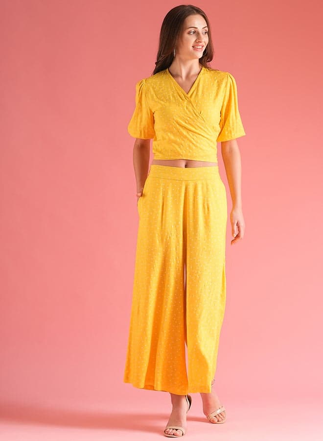 Globus Women Yellow Polka Dot Print Wrap Tie Back Top and Palazzos Co-Ords