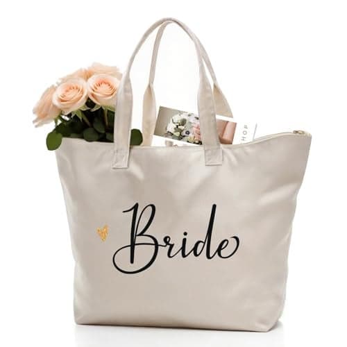 CARAKNOTS Bride Gifts Bride Bag for Wedding Bachelorette Engagement Party Accessories Bridal Shower Gifts Cotton Beach Canvas Tote Shoulder Bag with Zipper and Pocket