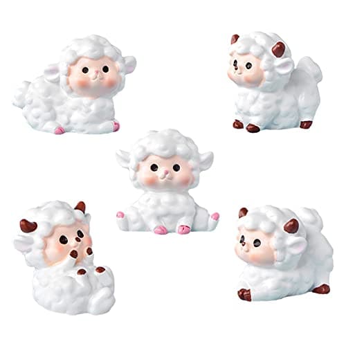 Super Cute Sheep Figure Animal Toys Set Cake Topper 5Pcs Miniature Sheep Figurine Toy Set for Kids Baby Shower Birthday Party Cake Decoration