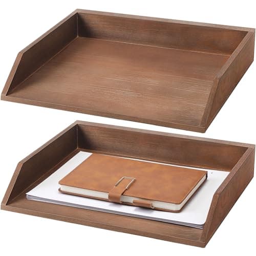 Beeveer 2 Pcs Wooden Letter Tray Wood LetterSize Desk Organizer Heavy Duty 2 Tier Stackable Support Paper Tray Desktop Drawer File Folder Magazine Office Accessories Back to SchoolDark Wood