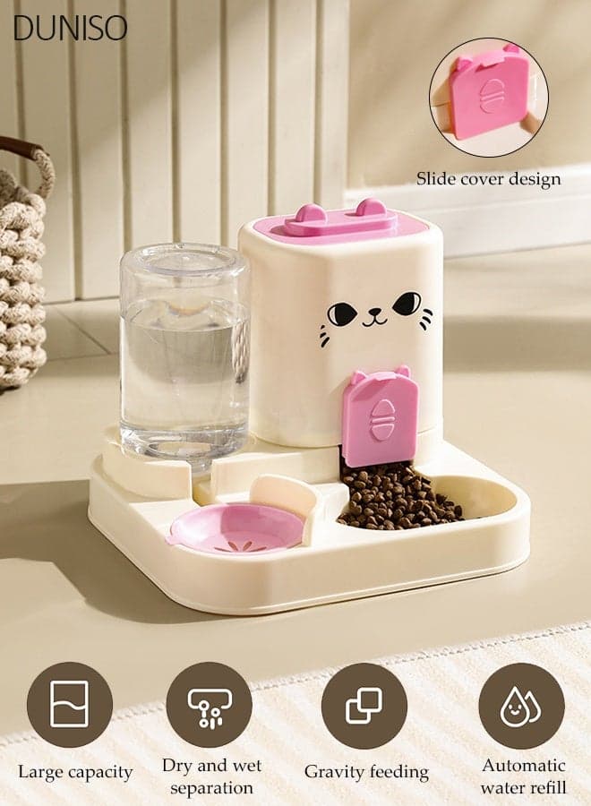 Pet Feeder Water Dispenser, Cartoon Cat Gravity Combo 2 in 1 Automatic Dry Food Water Bowl Station, Detachable Anti-Spill Feeding Set for Kitten Small Puppy