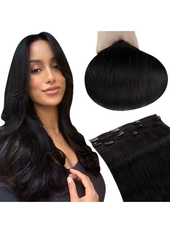 Clip in Hair Extensions Black Human Hair 12 Inch Color #1B Off Black Clip in Real Hair Extensions Double Weft Human Hair Extensions Clip Ins Natural Hair for Women 50g