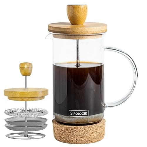 Sipologie Kumaon French Press Coffee Maker 350ml I Nature Inspired Wooden Lid and Cork Base | Premium Heat Resistant Borosilicate Glass I With Coffee Spoon and Extra Filter Mesh | 1 Cup