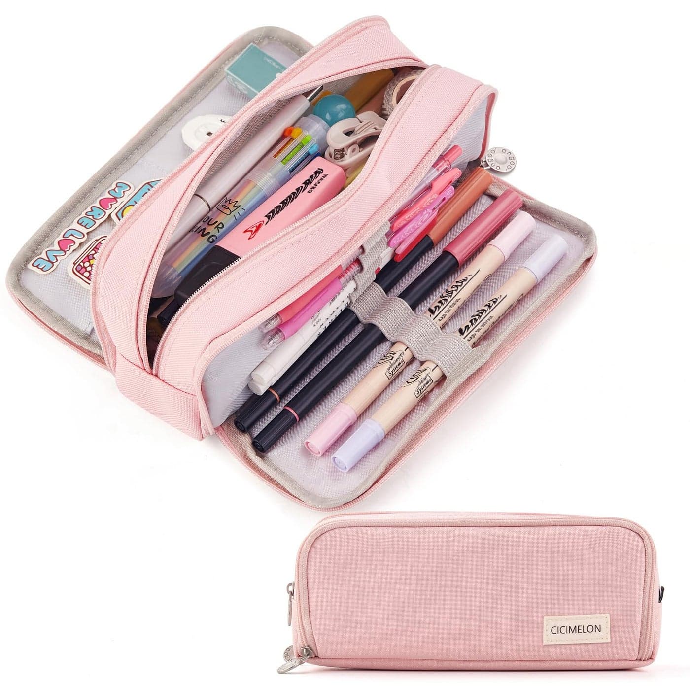 CICIMELON Large Capacity Pencil Case 3 Compartment Pouch Pen Bag for School Teen Girl Boy Men Women Pink
