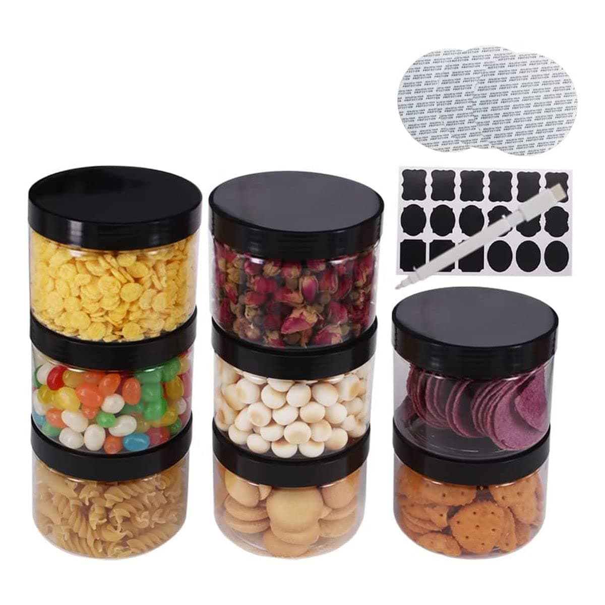 zmybcpack 12 Pack 8 OZ Clear Plastic Jars With Black Lids A Spatula A Pen Labels BPA Free PET Container for Cosmetics Cream Bathroom Kitchen Travel Plastic Slime Storage Jars