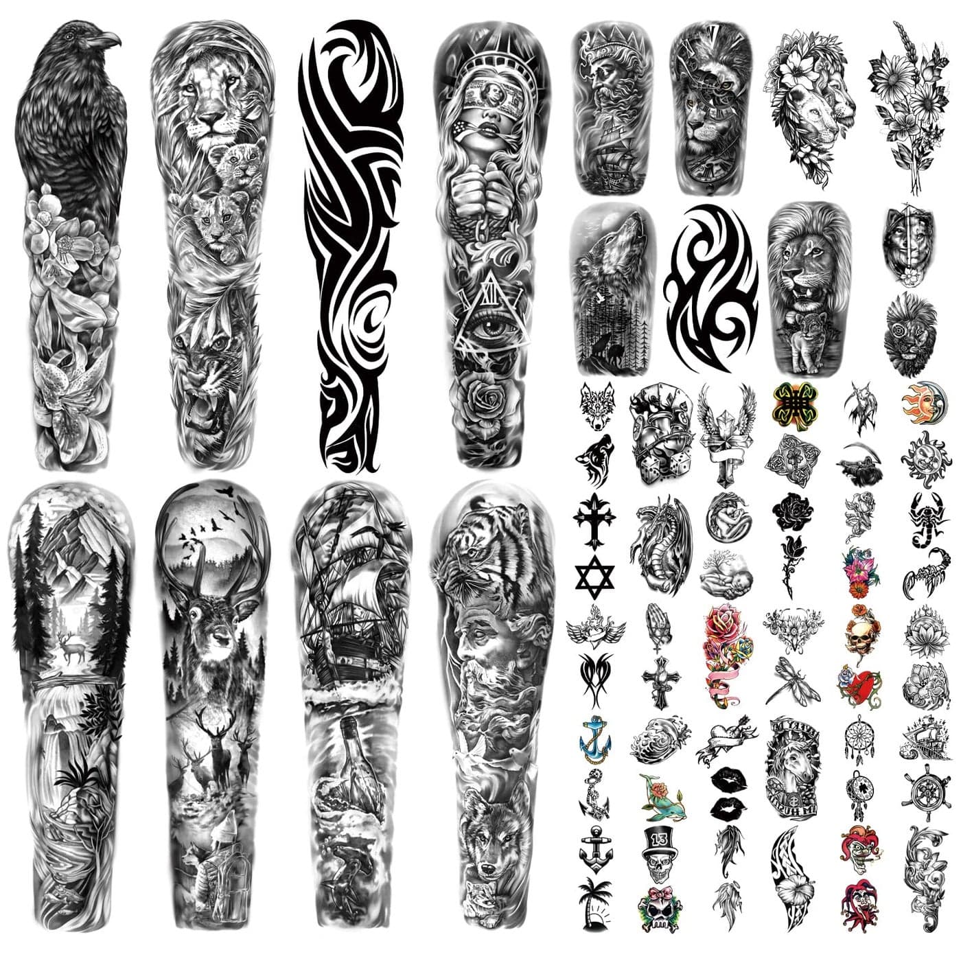 46 Sheets Full Arm Temporary Tattoo Waterproof For MenL228xW7 Fake Tattoos for Women Lion Tiger Clock Flower Skeleton Animals Design Hand Forearm Shoulder 3D Temporary Tattoos Stickers