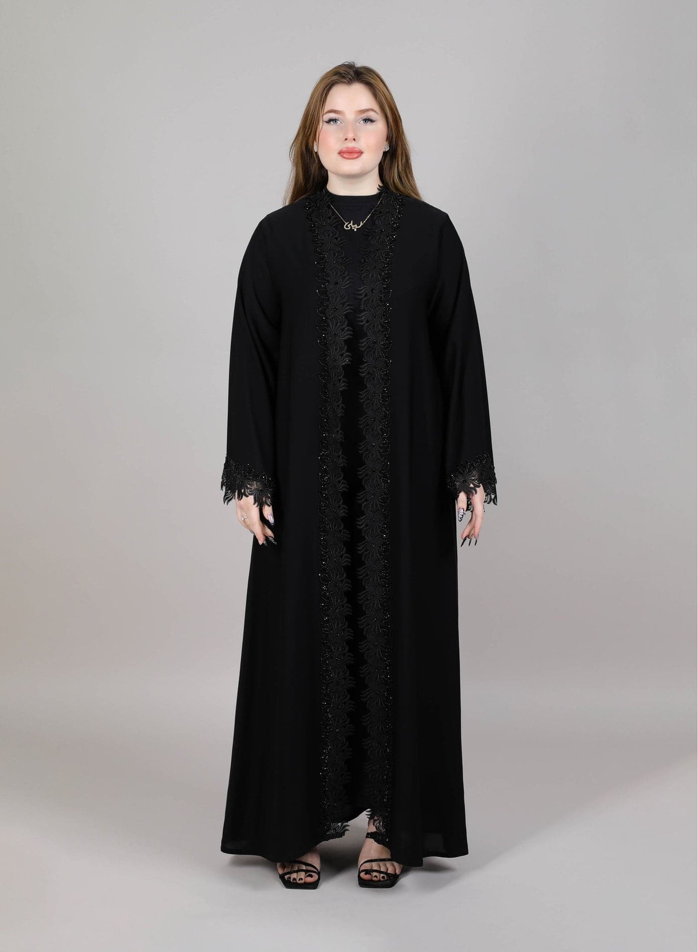 MSquare Fashion Black Lace Open Abaya With Embroidered Abaya